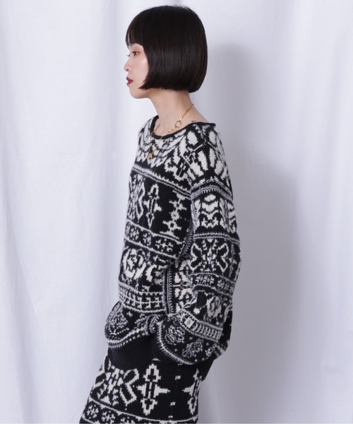 Mirror Mirror on the wall(ミラーミラー)の「(MIRROR MIRROR ON THE WALL)オリジナルパターン ジャカード ニット(ニット/セーター・レディース・グレー/ブラック・FREE)」の7枚目の写真