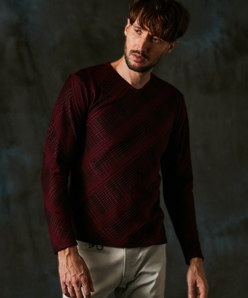 HIDEAWAYS NICOLE(ハイダウェイニコル)の「ブリスターチェックJQVネックプルオーバー(Tシャツ/カットソー・メンズ・ボルドー/ホワイト×ブラック/ホワイト×グレー/ブラック×ホワイト・MEDIUM/LARGE/X-LARGE)」の13枚目の写真