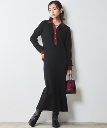 ポロ衿ニットロングワンピース <大きいサイズ有>シックスタイル