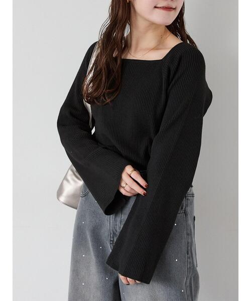 ehka sopo（エヘカソポ）の「フレアスリーブスクエアネックリブニット（ニット/セーター・レディース・グレー/キナリ/ブラック・F）」の3枚目の写真