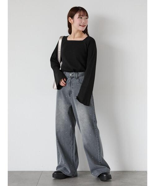 ehka sopo（エヘカソポ）の「フレアスリーブスクエアネックリブニット（ニット/セーター・レディース・グレー/キナリ/ブラック・F）」の15枚目の写真