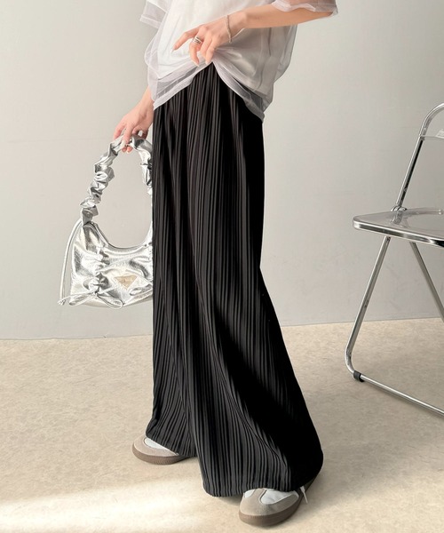 セール】スタイルアップが叶う。2way裾ドロストプリーツ素材ワイド  