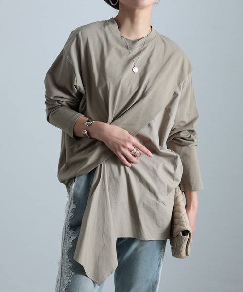 Sawa a la mode(サワアラモード)の「ドッキング変形カットソー(Tシャツ/カットソー・レディース・ブラック/カーキ/ホワイト・FREE)」の2枚目の写真