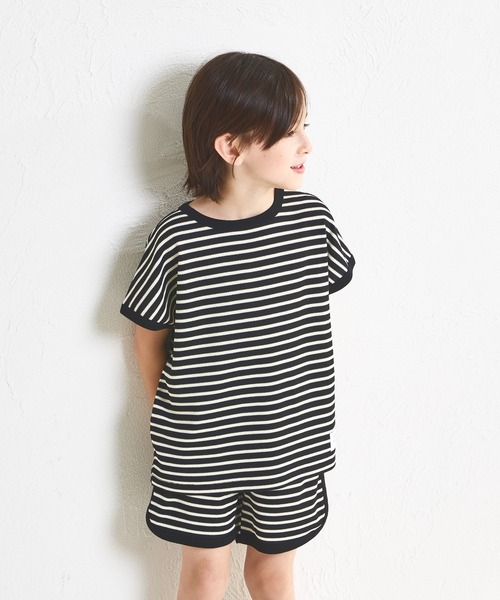 pairmanon（ペアマノン）の「【リンクコーデ】【ふんわりワッフル】ボーダーパイピングセットアップ（セットアップ・キッズ・ホワイト系その他/ブラック系その他/ピンク系その他/ブラウン/ピンク系その他2・150/110/100/130/140/90/120）」の7枚目の写真