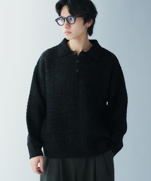 Adoon plain（アドーンプレーン）の「JACQUARD KNIT POLO / ジャガード編みニットポロ（ニット/セーター・メンズ・ブラック/ブルー/ボルドー・LARGE/MEDIUM）」の11枚目の写真