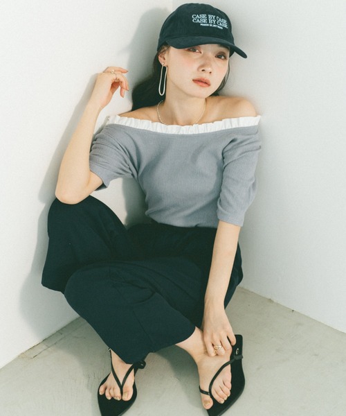 バイカラーフリルトップス/2WAY/オフショル着用可（Tシャツ