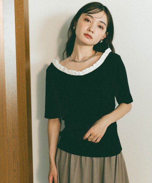 リュクス フリル トップス バイカラー トレンド 2色 きれいめ バイカラーフリルトップス/2WAY/オフショル着用可（Tシャツ
