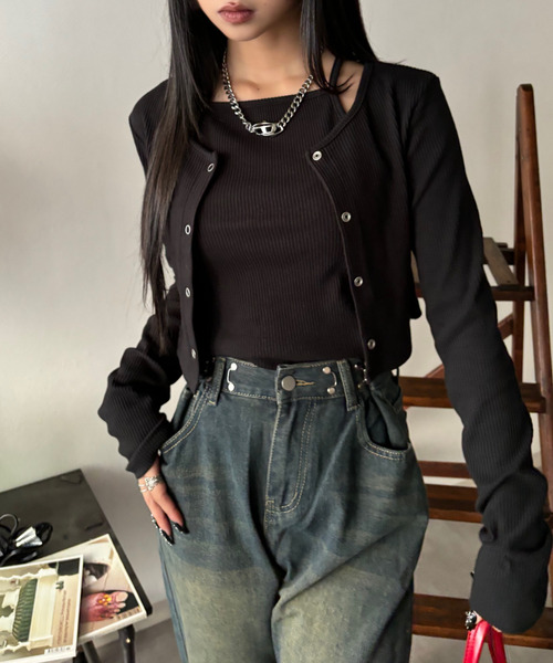 Good Riddance(グッドリダンス)の「【Good Riddance】テレコ リブ アンサンブル キャミソール ドットスナップカーディガン(Tシャツ/カットソー・レディース・アイボリー/ブラック・FREE)」の4枚目の写真