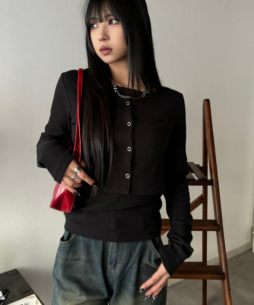 Good Riddance(グッドリダンス)の「【Good Riddance】テレコ リブ アンサンブル キャミソール ドットスナップカーディガン(Tシャツ/カットソー・レディース・アイボリー/ブラック・FREE)」の3枚目の写真