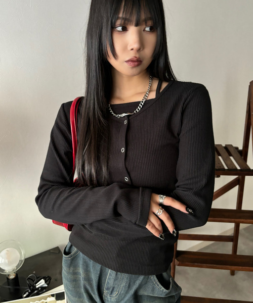 Good Riddance(グッドリダンス)の「【Good Riddance】テレコ リブ アンサンブル キャミソール ドットスナップカーディガン(Tシャツ/カットソー・レディース・アイボリー/ブラック・FREE)」の7枚目の写真