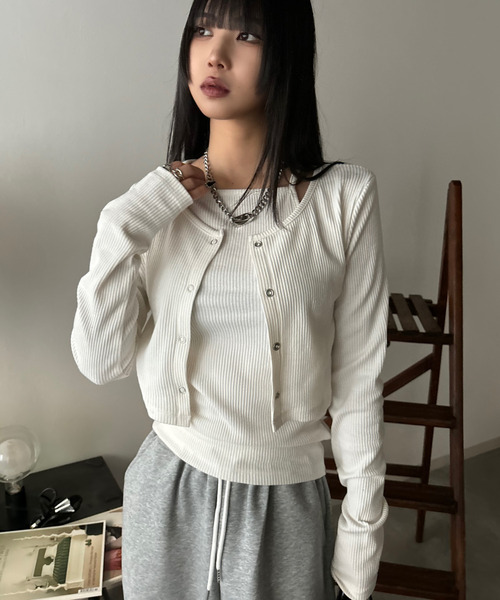 Good Riddance(グッドリダンス)の「【Good Riddance】テレコ リブ アンサンブル キャミソール ドットスナップカーディガン(Tシャツ/カットソー・レディース・アイボリー/ブラック・FREE)」の13枚目の写真