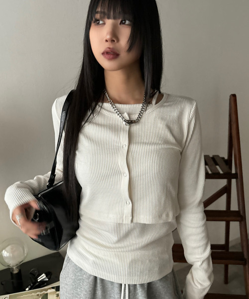Good Riddance(グッドリダンス)の「【Good Riddance】テレコ リブ アンサンブル キャミソール ドットスナップカーディガン(Tシャツ/カットソー・レディース・アイボリー/ブラック・FREE)」の10枚目の写真