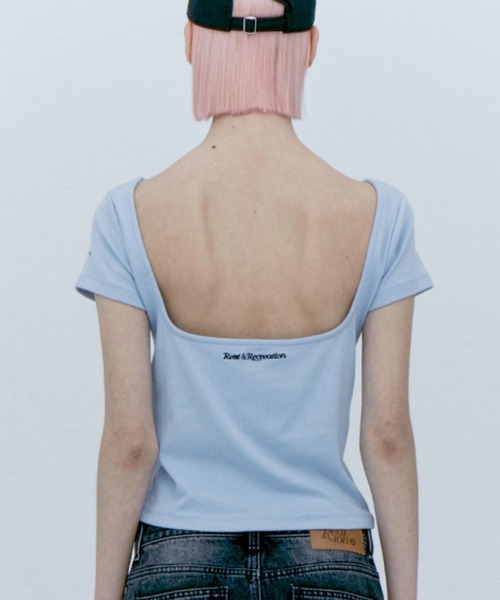 Rest&Recreation（レストアンドレクリエーション）の「Rest&Recreation/レストアンドレクリエーション BACK OPEN TOP バックオープントップ ワンポイント（Tシャツ/カットソー・レディース・ホワイト/スカイブルー/チャコール・FREE）」の3枚目の写真