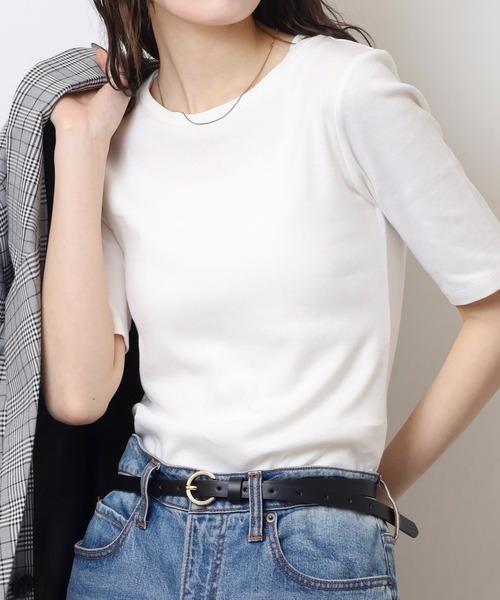 atONE(アットワン)の「コットンフライス5分袖Tシャツ(Tシャツ/カットソー・レディース・ブラック/ネイビー/杢グレー/オフホワイト/チャコールグレー・4L/3L/LL/L/M)」の2枚目の写真