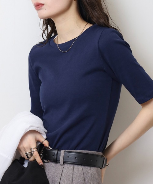 atONE(アットワン)の「コットンフライス5分袖Tシャツ(Tシャツ/カットソー・レディース・ブラック/ネイビー/杢グレー/オフホワイト/チャコールグレー・4L/3L/LL/L/M)」の9枚目の写真