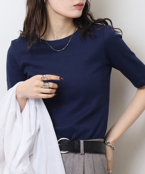 atONE(アットワン)の「コットンフライス5分袖Tシャツ(Tシャツ/カットソー・レディース・ブラック/ネイビー/杢グレー/オフホワイト/チャコールグレー・4L/3L/LL/L/M)」の8枚目の写真