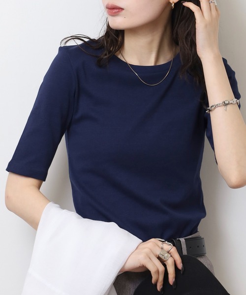 atONE(アットワン)の「コットンフライス5分袖Tシャツ(Tシャツ/カットソー・レディース・ブラック/ネイビー/杢グレー/オフホワイト/チャコールグレー・4L/3L/LL/L/M)」の7枚目の写真