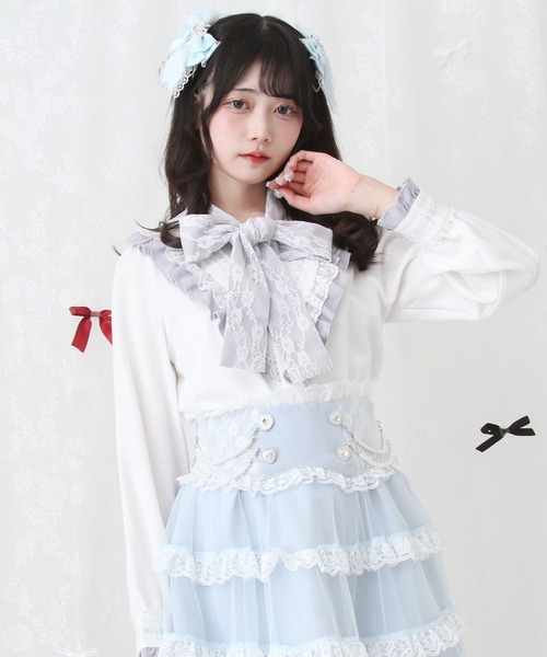 DearMyLove(ディアマイラブ)の「ヨークボウタイフリルブラウウス(シャツ/ブラウス・レディース・パープル/ホワイト×ピンク/ベビーピンク/ホワイト×ブルー/ホワイト×ブラック・MEDIUM/LARGE/LL/3L)」の2枚目の写真