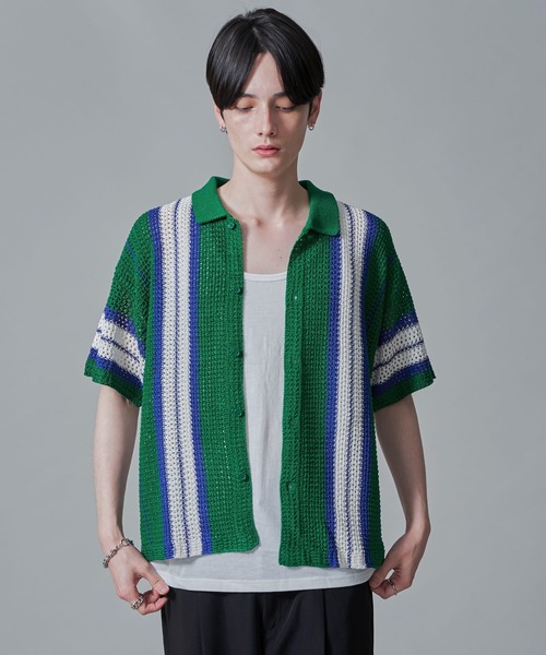 BROWNY（ブラウニー）の「BROWNY/ラインニットシャツ（シャツ/ブラウス・メンズ・グリーン/ライトグレー/チャコール・MEDIUM/LARGE）」の3枚目の写真