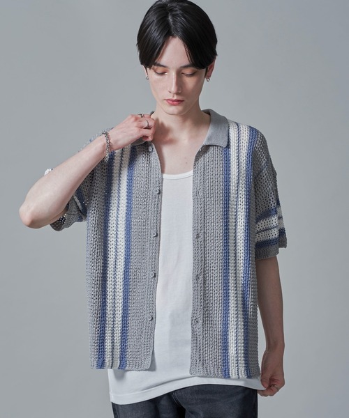 BROWNY（ブラウニー）の「BROWNY/ラインニットシャツ（シャツ/ブラウス・メンズ・グリーン/ライトグレー/チャコール・MEDIUM/LARGE）」の2枚目の写真