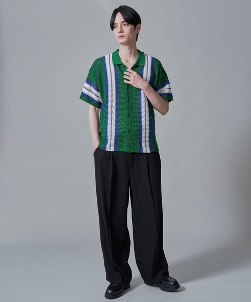 BROWNY（ブラウニー）の「BROWNY/ラインニットシャツ（シャツ/ブラウス・メンズ・グリーン/ライトグレー/チャコール・MEDIUM/LARGE）」の5枚目の写真