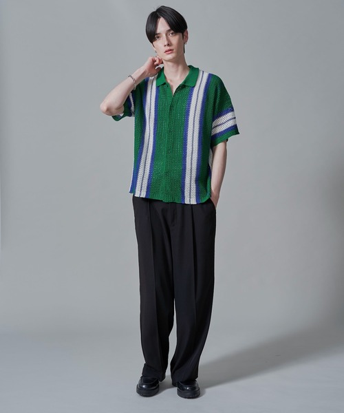 BROWNY（ブラウニー）の「BROWNY/ラインニットシャツ（シャツ/ブラウス・メンズ・グリーン/ライトグレー/チャコール・MEDIUM/LARGE）」の4枚目の写真