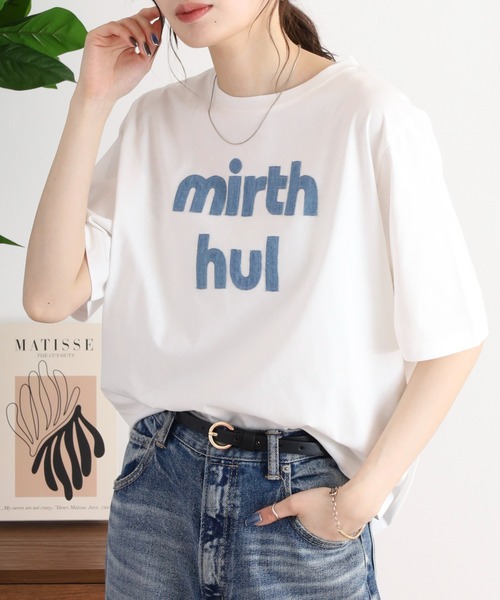 tシャツ EGLANTINE デニム加工ロゴ 半袖カットソー レディース セール】EGLANTINE デニム加工ロゴ 半袖カットソー（Tシャツ