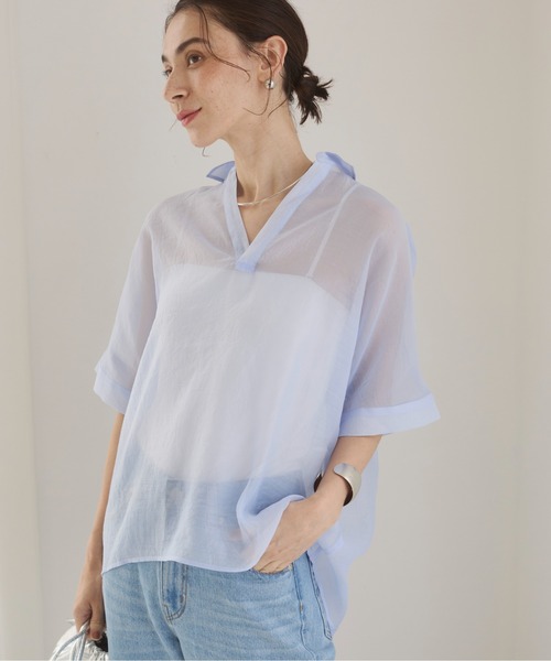 【美品】&amp;byP&amp;D スキッパーシャツ ブラウス シアー 長袖 麻調シアースキッパーブラウス(F SAX): トップス｜PMbox P&M OFFICIAL