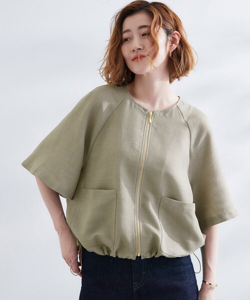 grove(グローブ)の「透け感と立体感で魅せる、大人の夏のメッシュワイドスリーブジャケット(ノーカラージャケット・レディース・ナチュラル/ブラック/カーキ・01/02/04/05/03)」の1枚目の写真