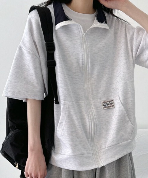NANAHACHI(ナナハチ)の「配色カラー ジップアップ 半袖トレーナー(Tシャツ/カットソー・レディース・ライトグレー/ブラウン/ネイビー・FREE)」の20枚目の写真