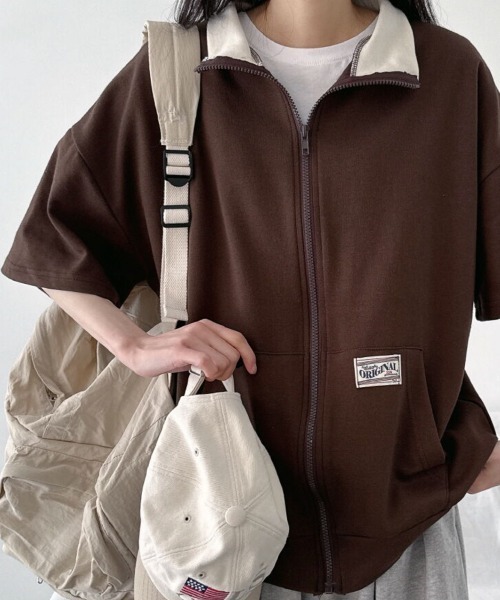 NANAHACHI(ナナハチ)の「配色カラー ジップアップ 半袖トレーナー(Tシャツ/カットソー・レディース・ライトグレー/ブラウン/ネイビー・FREE)」の6枚目の写真