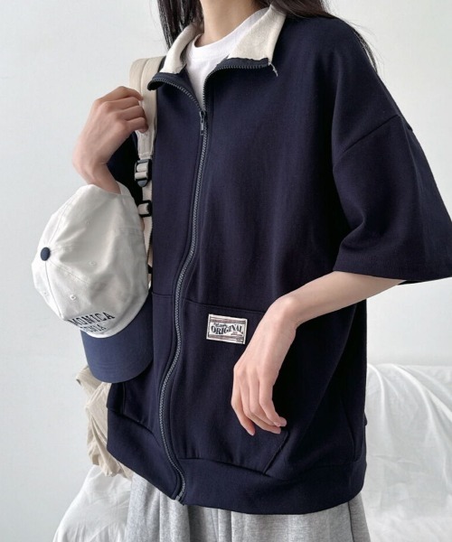 NANAHACHI(ナナハチ)の「配色カラー ジップアップ 半袖トレーナー(Tシャツ/カットソー・レディース・ライトグレー/ブラウン/ネイビー・FREE)」の7枚目の写真