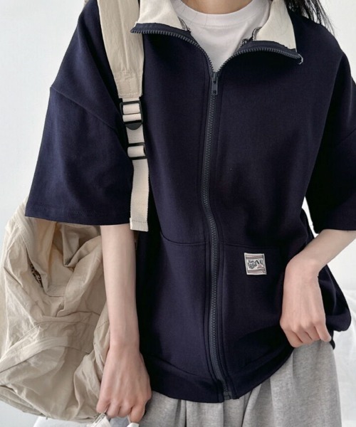 NANAHACHI(ナナハチ)の「配色カラー ジップアップ 半袖トレーナー(Tシャツ/カットソー・レディース・ライトグレー/ブラウン/ネイビー・FREE)」の10枚目の写真