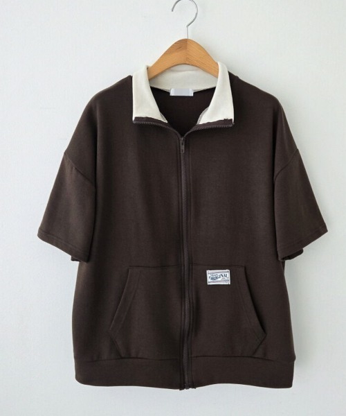 NANAHACHI(ナナハチ)の「配色カラー ジップアップ 半袖トレーナー(Tシャツ/カットソー・レディース・ライトグレー/ブラウン/ネイビー・FREE)」の13枚目の写真