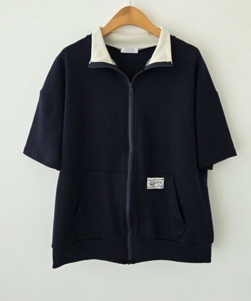 NANAHACHI(ナナハチ)の「配色カラー ジップアップ 半袖トレーナー(Tシャツ/カットソー・レディース・ライトグレー/ブラウン/ネイビー・FREE)」の14枚目の写真