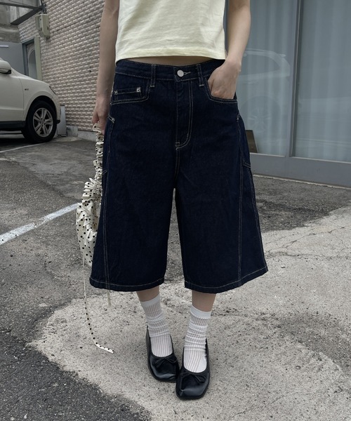 美品⁂センソユニコ⁂スヌーピー⁂デニムハーフパンツ　市松模様　バルーン　Mサイズ スヌーピー】切替デニムパンツ【センソユニコ限定】|SNOOPY