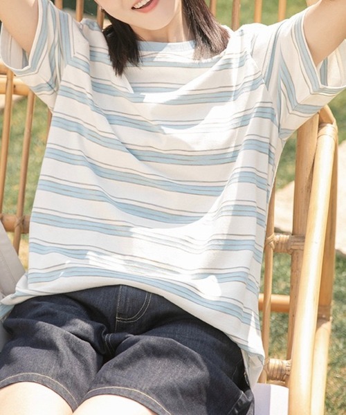 SHOUYO(ショウヨウ)の「元気カラーのボーダーTシャツ(Tシャツ/カットソー・レディース・ブラック/ライトブルー・M)」の4枚目の写真