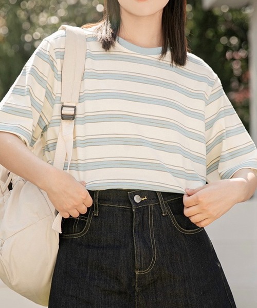 SHOUYO(ショウヨウ)の「元気カラーのボーダーTシャツ(Tシャツ/カットソー・レディース・ブラック/ライトブルー・M)」の6枚目の写真