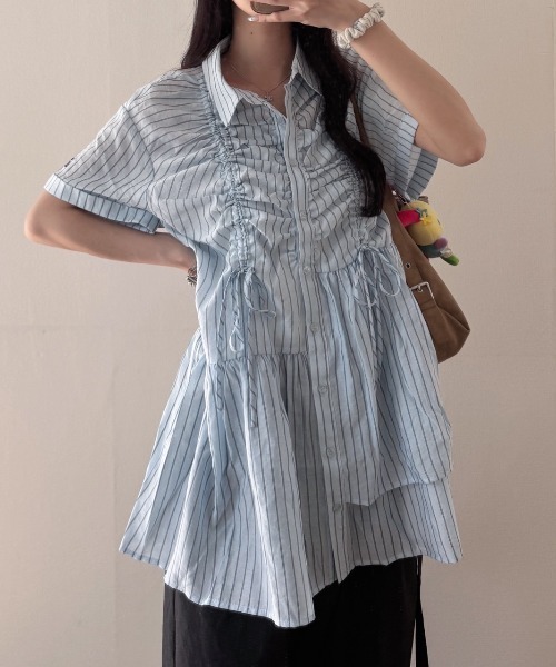 nemne store（ネンネストア）の「ギャザーリボンワンピース（Tシャツ/カットソー・レディース・ブラウン/ピンク/ブルー・フリー）」の5枚目の写真