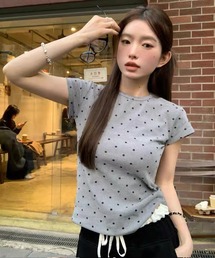 Tシャツ ドット 柄 半袖 トップス バレエコア ピチT