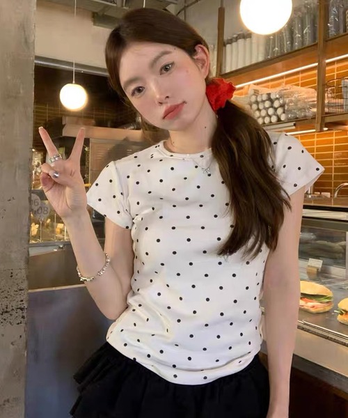 セール】Tシャツ ドット 柄 半袖 トップス バレエコア ピチT（Tシャツ