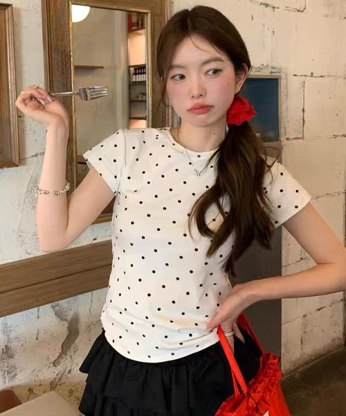 shopnikoniko(ショップニコニコ)の「Tシャツ ドット 柄 半袖 トップス バレエコア ピチT(Tシャツ/カットソー・レディース・グレー/ホワイト・フリー)」の4枚目の写真