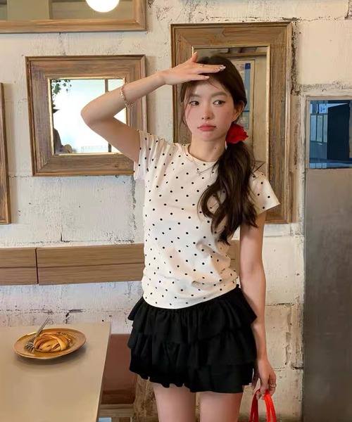 shopnikoniko(ショップニコニコ)の「Tシャツ ドット 柄 半袖 トップス バレエコア ピチT(Tシャツ/カットソー・レディース・グレー/ホワイト・フリー)」の7枚目の写真