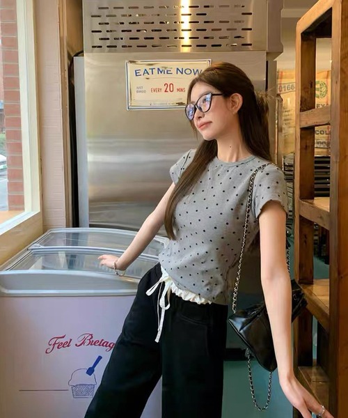 shopnikoniko(ショップニコニコ)の「Tシャツ ドット 柄 半袖 トップス バレエコア ピチT(Tシャツ/カットソー・レディース・グレー/ホワイト・フリー)」の12枚目の写真