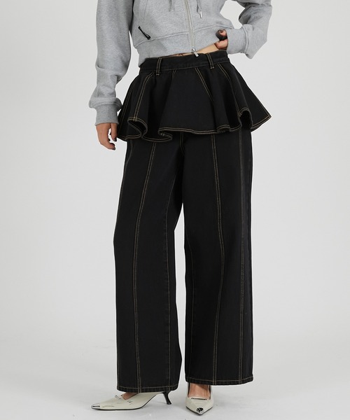 PRANK PROJECT(プランクプロジェクト)の「ペプラムデニムパンツ / Peplum Denim Pants(デニムパンツ・レディース・ブルー/ブラック・36/38)」の2枚目の写真