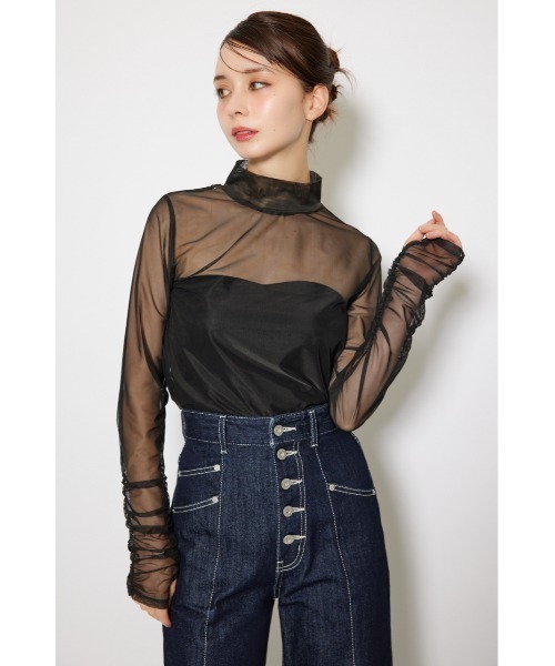 rienda(リエンダ)の「2WAYスリーブギャザーシアートップス 秋服(Tシャツ/カットソー・レディース・ベージュ系その他/ブラック/ブラック系その他・FREE)」の6枚目の写真