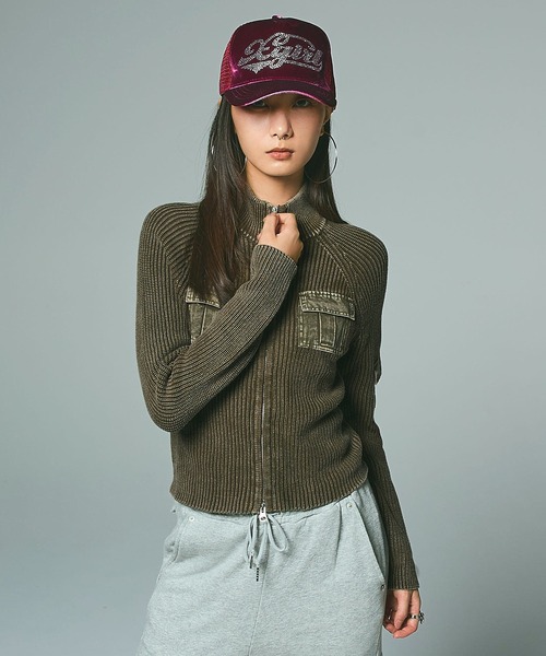 セール】FADED WOVEN MIX ZIP UP KNIT TOP（ニット/セーター）｜X-girl