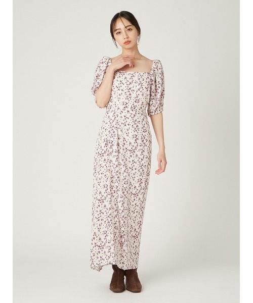 美品✨フレイアイディー　FRAY.ID パフスリーブ　スクエアネック　ワンピース 00サイズ】スクエアネックプリントワンピース（マキシ丈/ロング