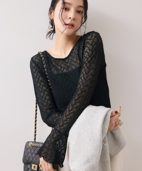 VIS（ビス）の「フレアスリーブレースインナートップス（Tシャツ/カットソー・レディース・ブラック/オフホワイト・FREE）」の2枚目の写真