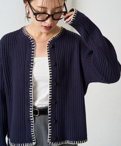 限定展開 ブランケット ステッチ ニット ショート カーデ